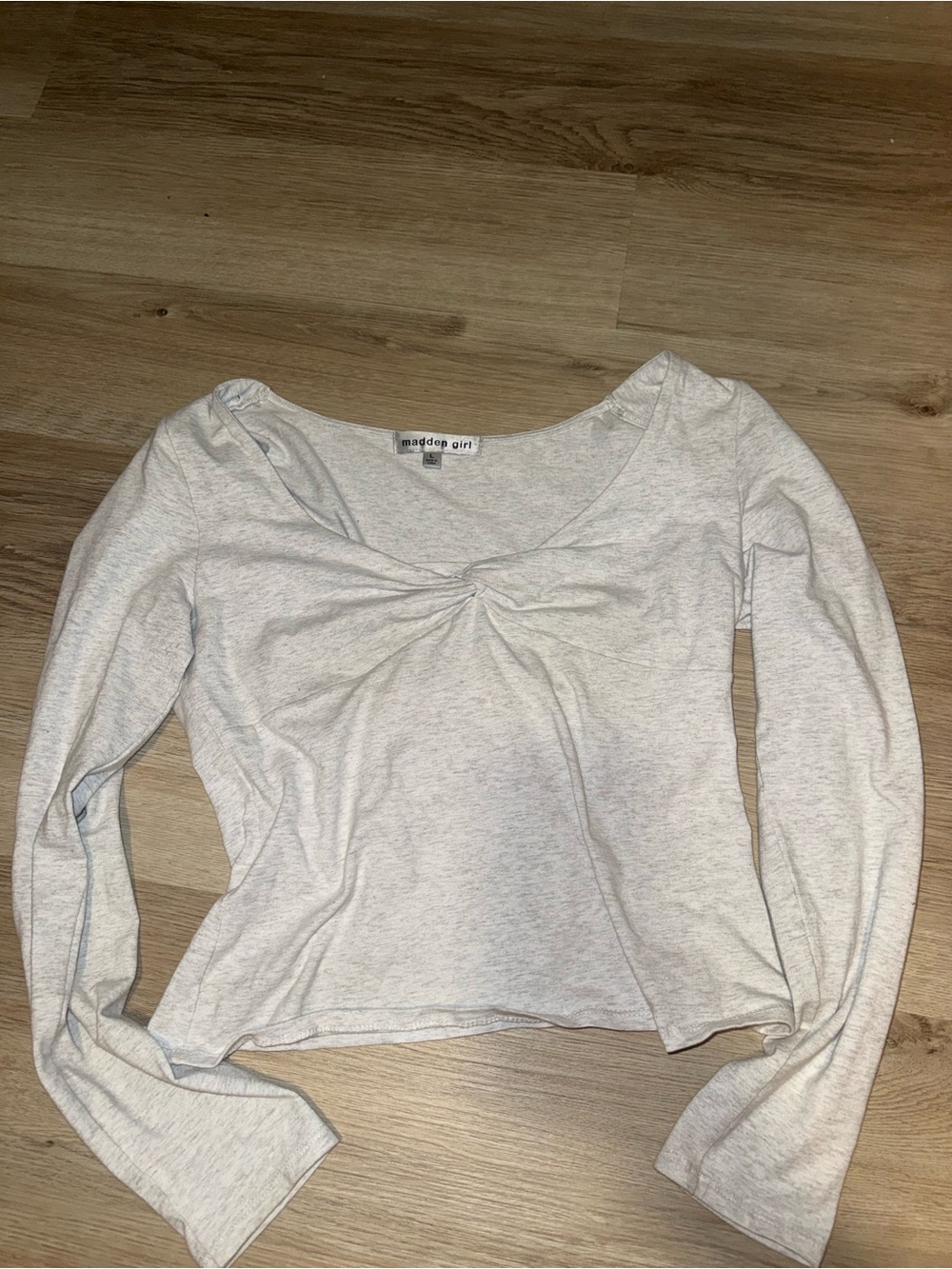 Madden Girl Heather Light Gray Twist-Front Long Sleeve Top
